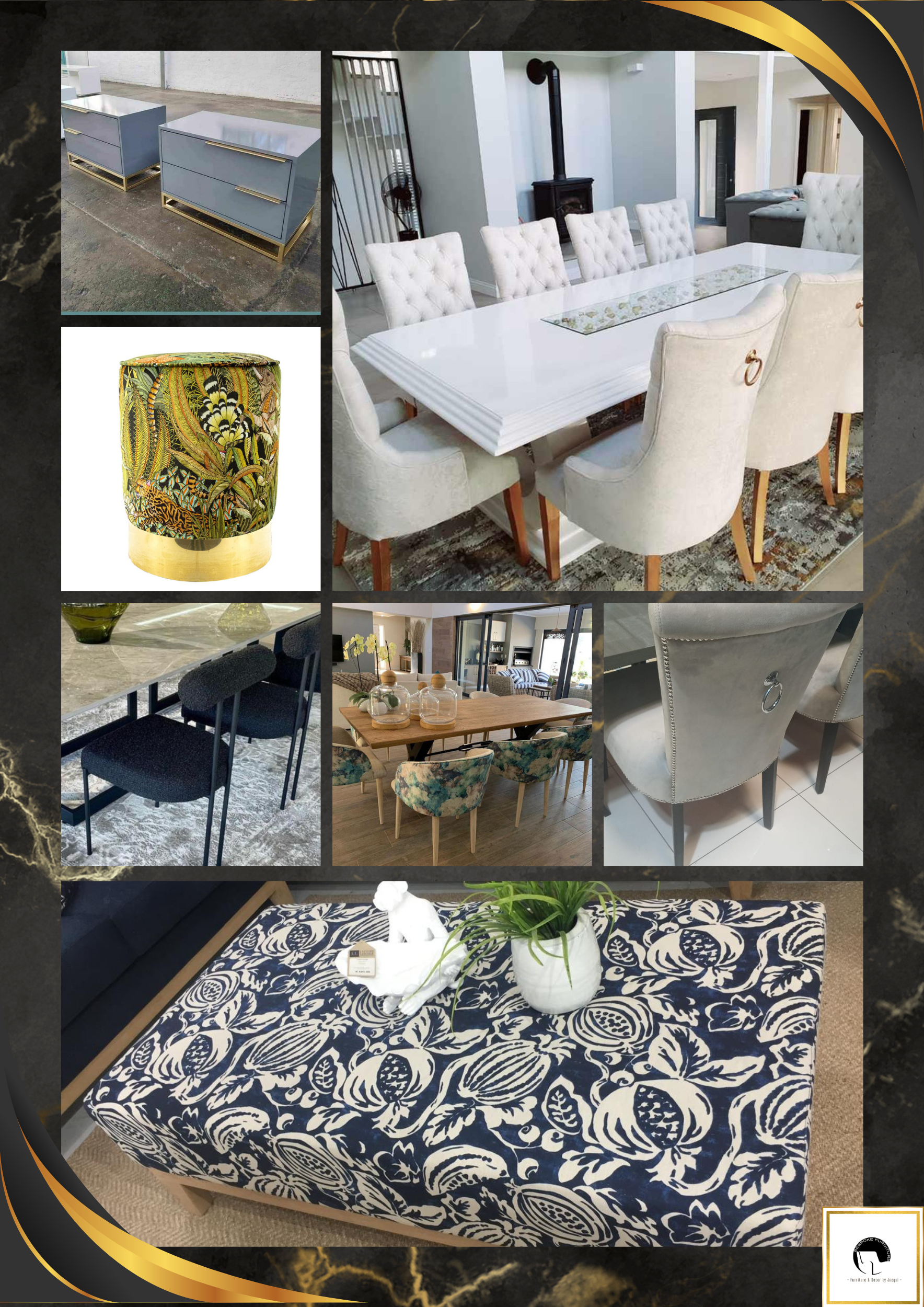 Collage of lacquered bedside tables, an upholstered dining suite and a patterned ottoman