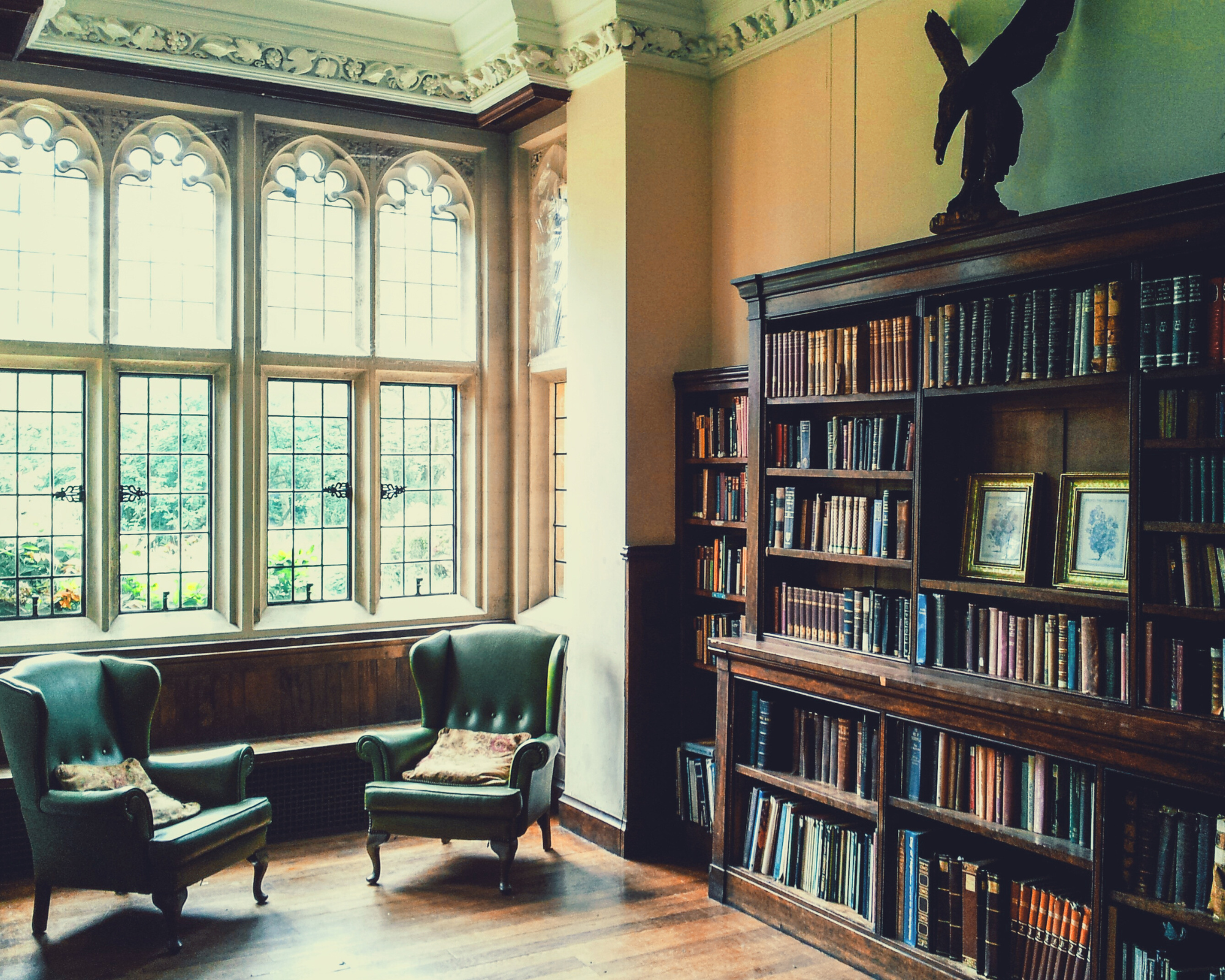 Traditional English library with leaded gothic windows and leather wingback chairs