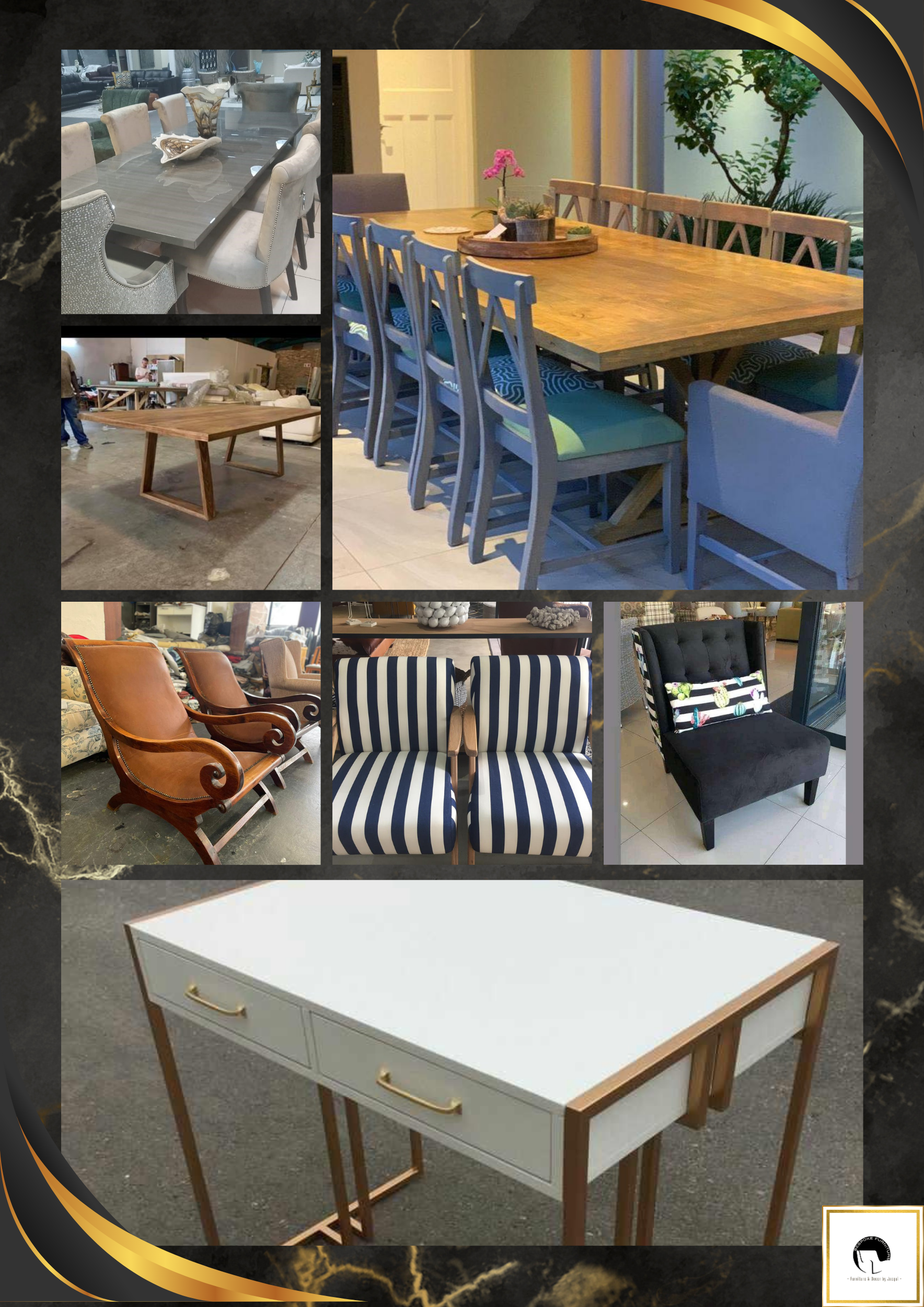 Collage of dining tables and chairs, leather campaign chairs and a striped bench seat