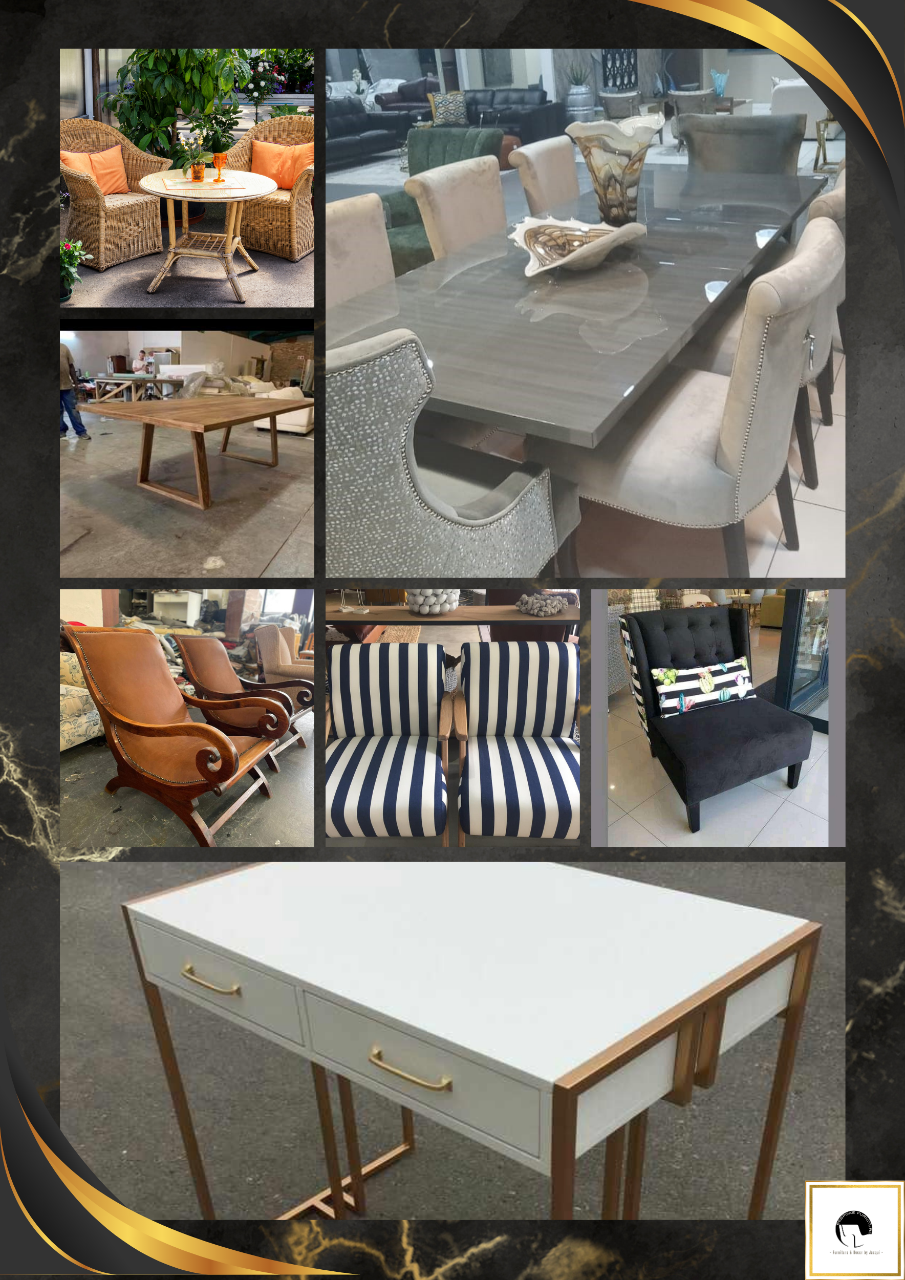 Collage of wicker patio furniture, a dining table with velvet chairs and a striped bench seat