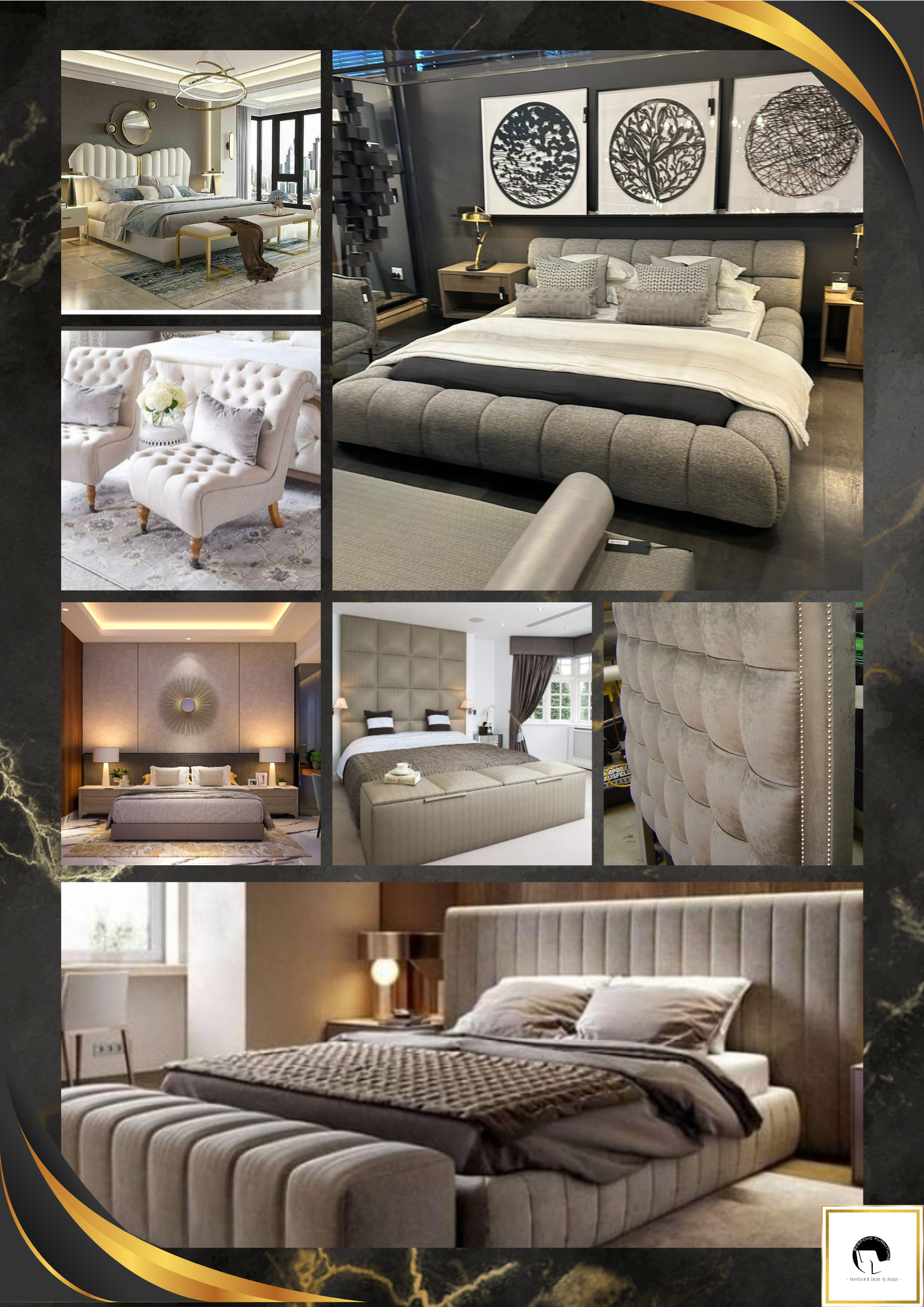 Collage of upholstered beds and tufted headboards in warm neutrals