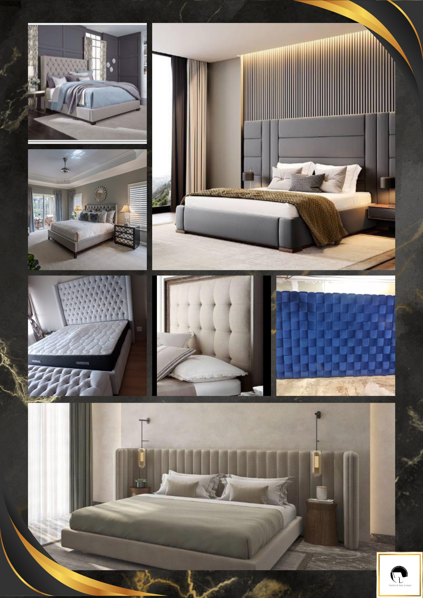 Collage of tufted headboards and platform beds in grey and taupe upholstery