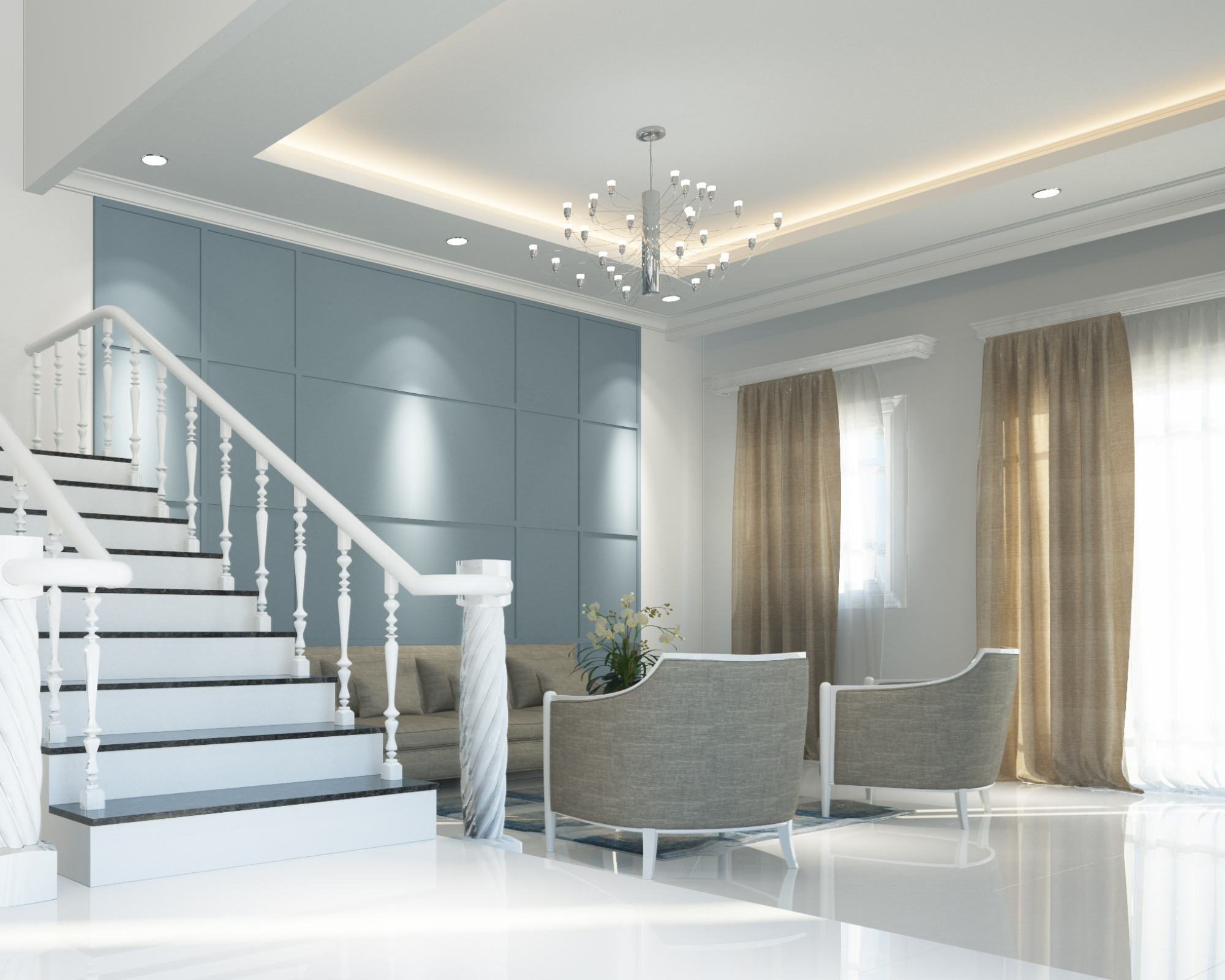 Contemporary lounge with a soft blue panelled wall and grey barrel armchairs beneath a crystal chandelier