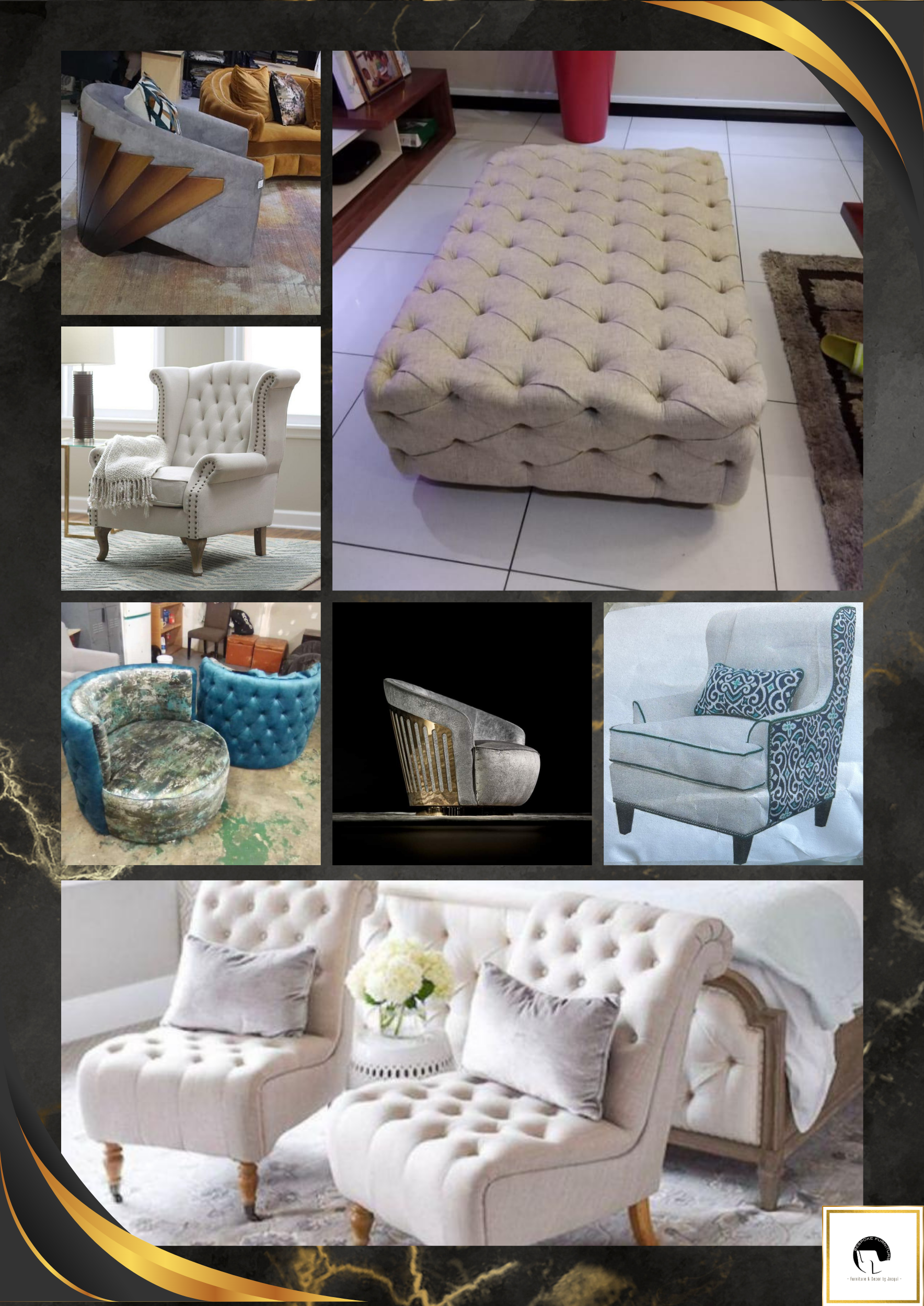 Collage of channel-tufted headboards, a padded bed frame and a velvet wall panel