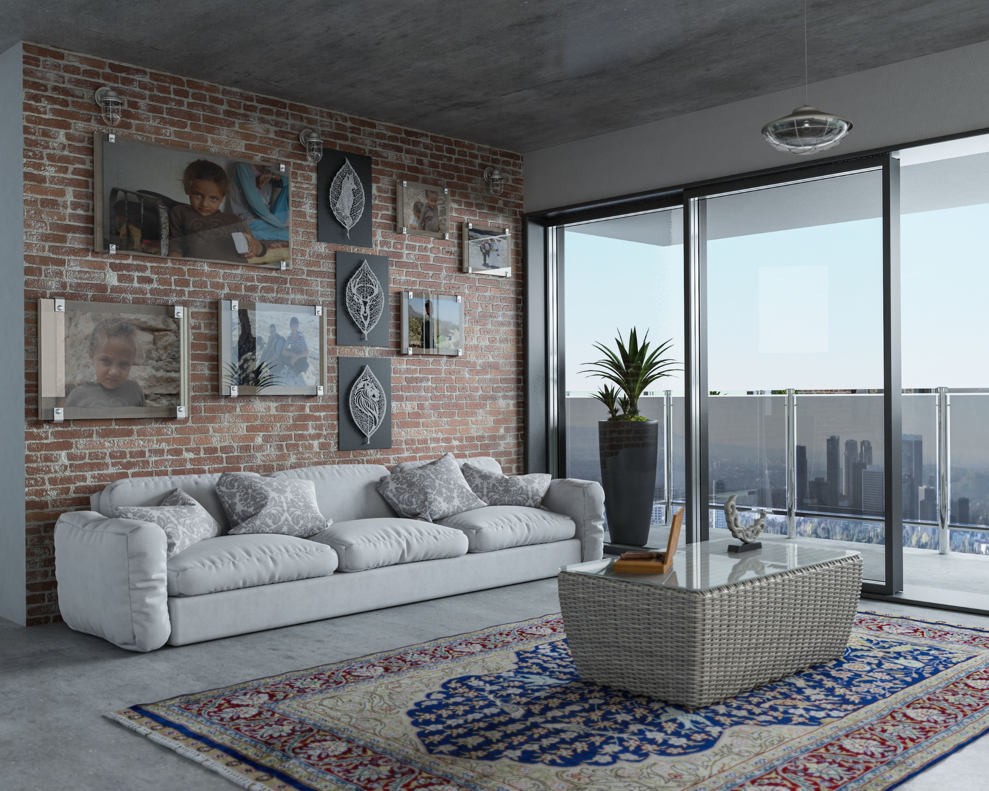 Industrial loft lounge with an exposed brick gallery wall and floor-to-ceiling city views
