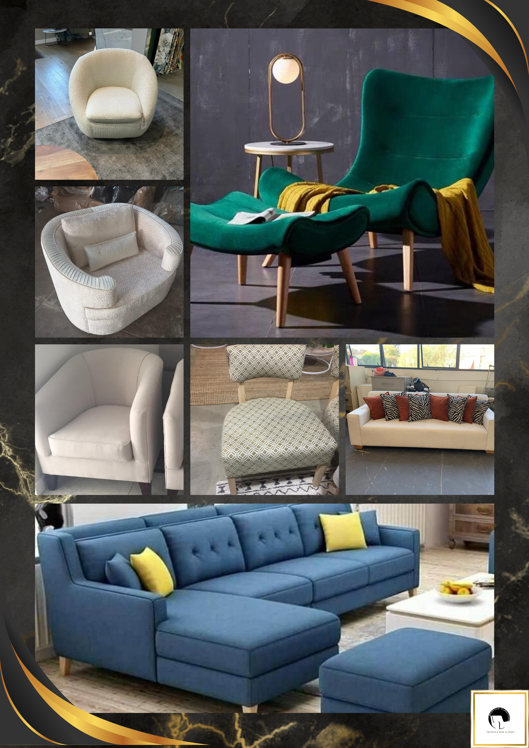 Collage of sculptural accent chairs, a tufted ottoman and upholstered wingback chairs