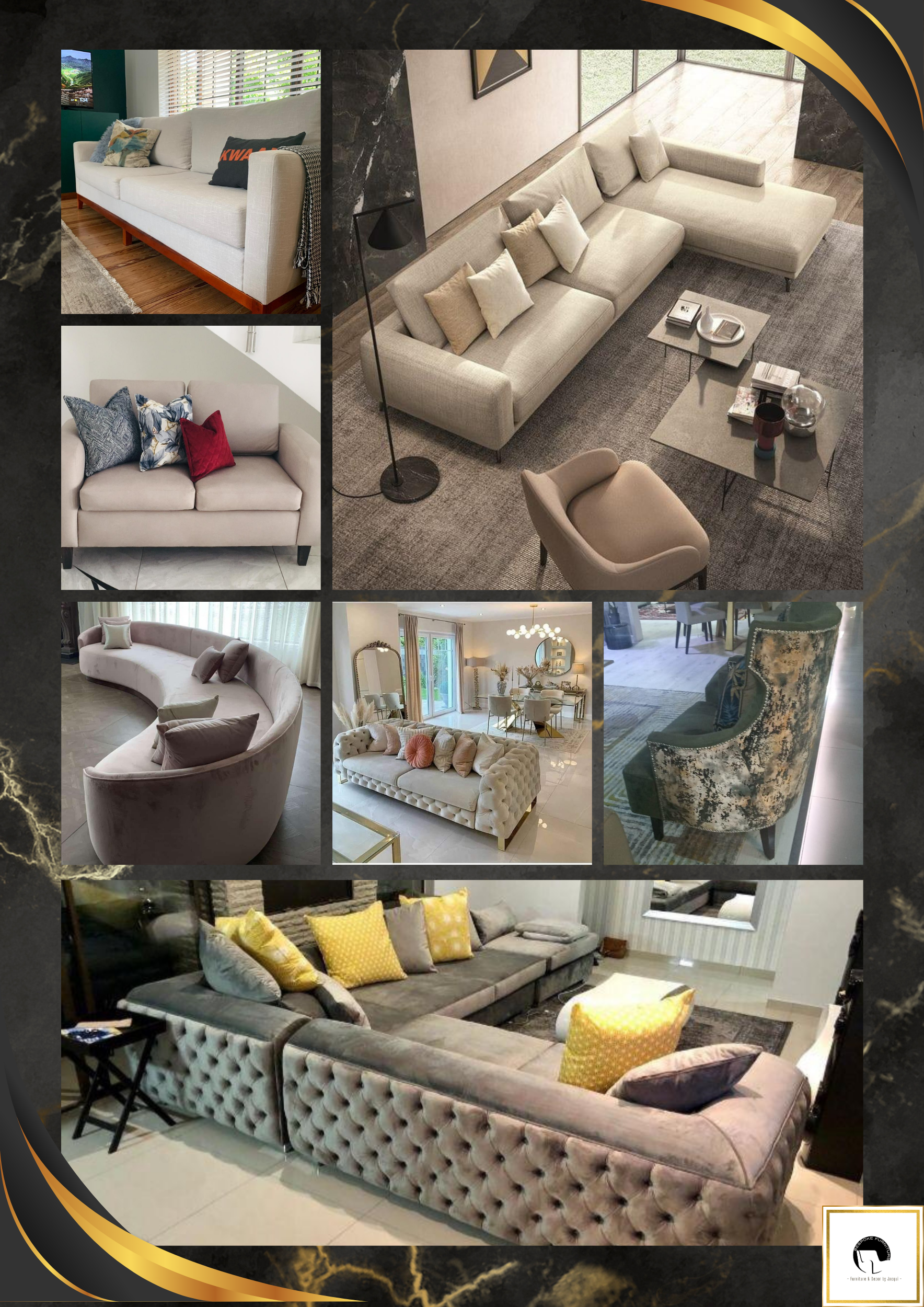 Collage of boucle armchairs, a velvet lounge chair and tailored sofas
