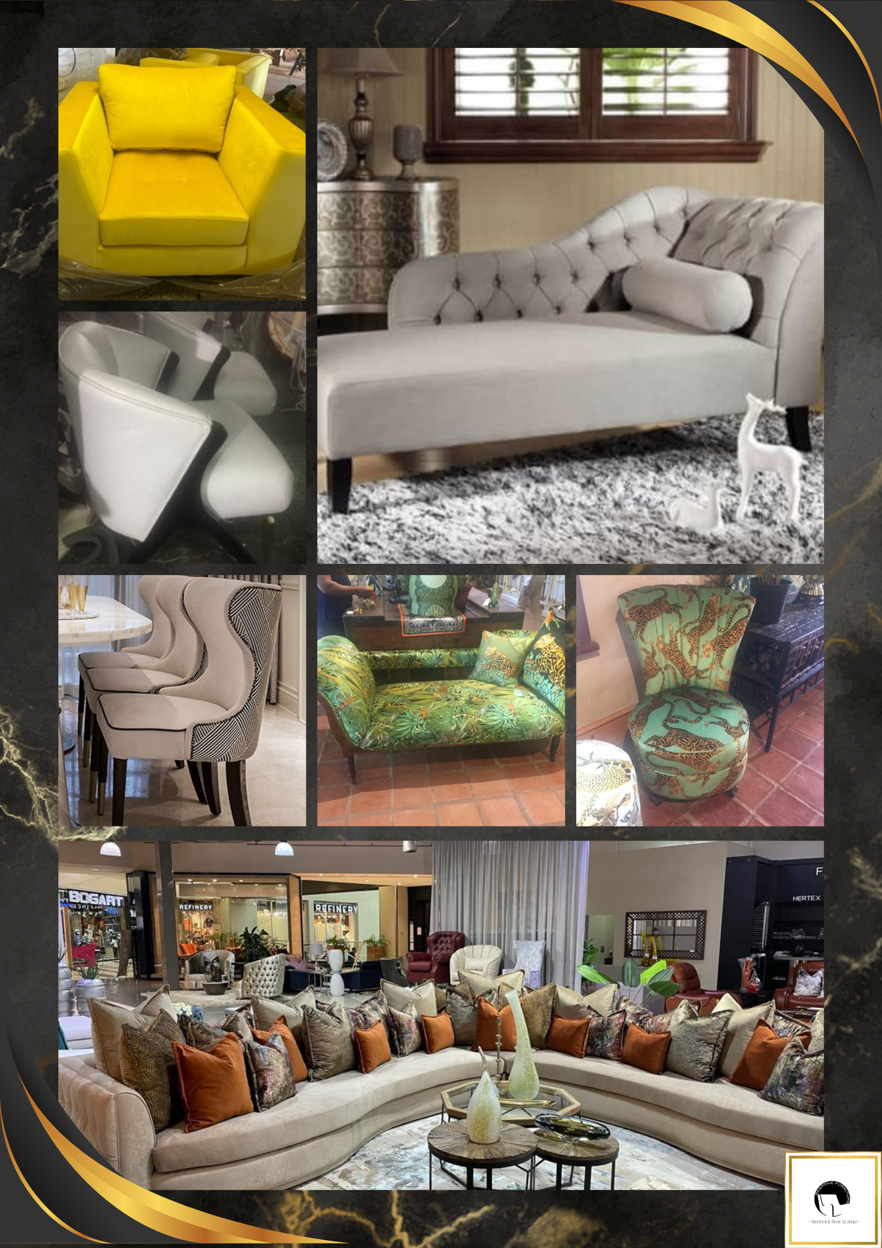 Collage of upholstered tub chairs, dining chairs and a patterned sofa in a furniture showroom