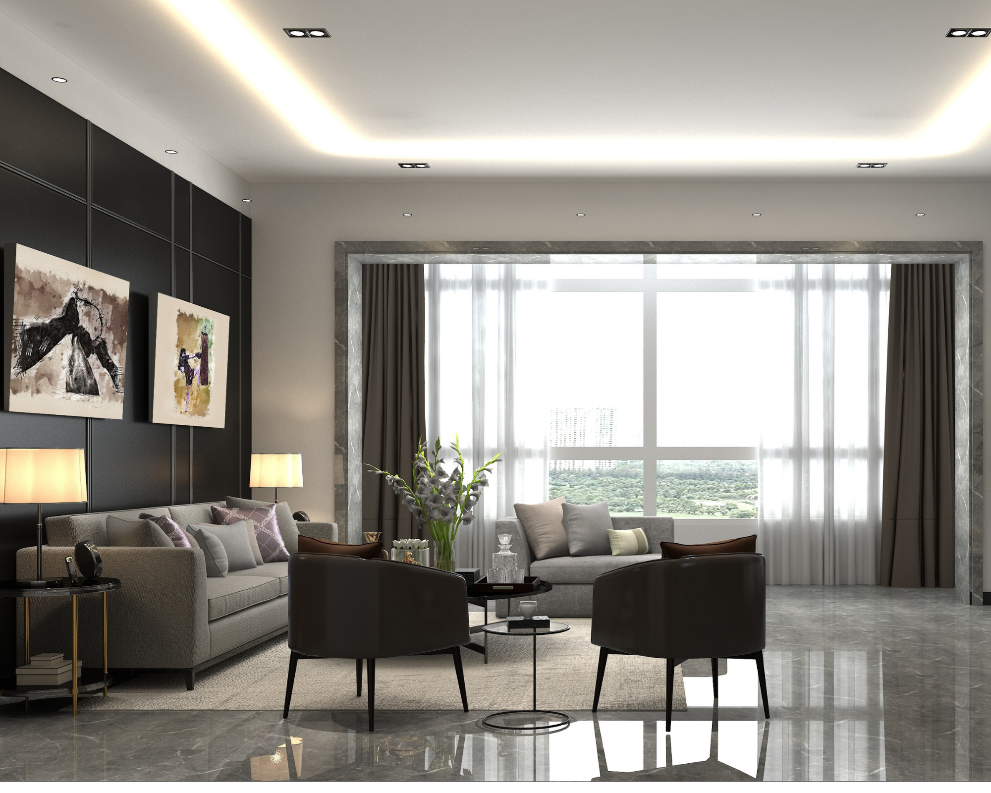 Modern lounge with a charcoal panelled wall, abstract art and leather tub chairs