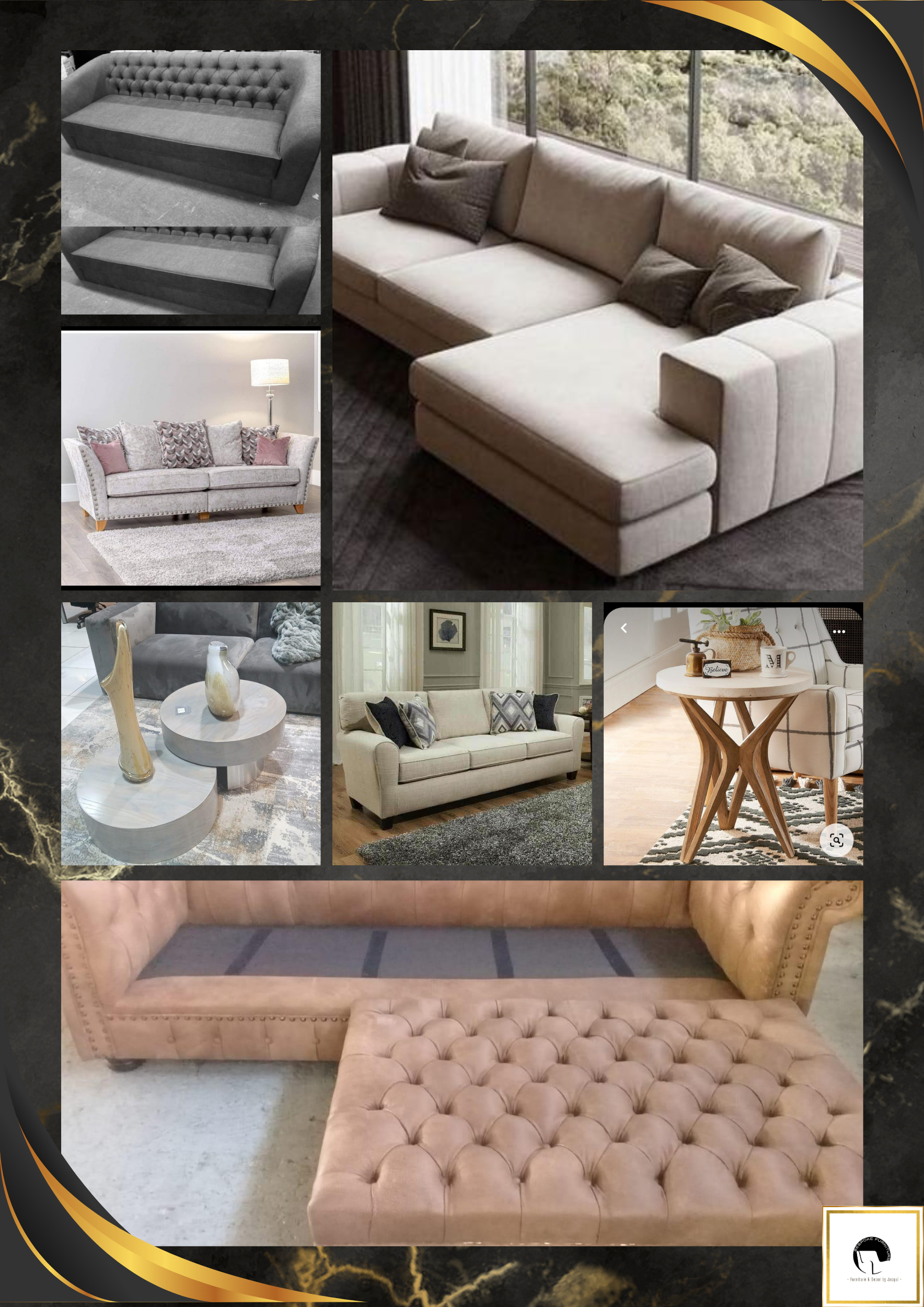 Collage of sectional sofas, loveseats and a curved velvet sofa in neutral tones